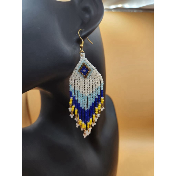 Handcrafted Beaded Fringe Earrings Blue White Yellow - Picture 3 of 9
